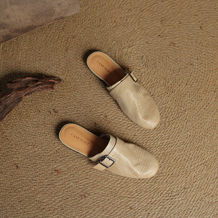 Croc Print Square Toe Buckle Flat Mules