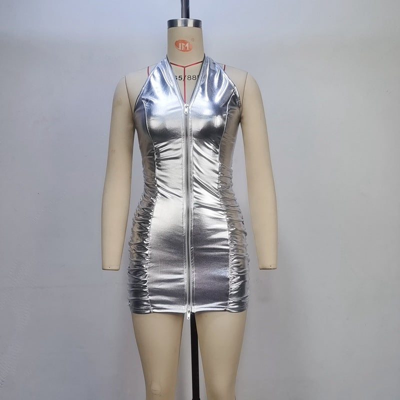 Metallic Faux Leather Halter Neck Zip Front Bodycon Mini Dress 5