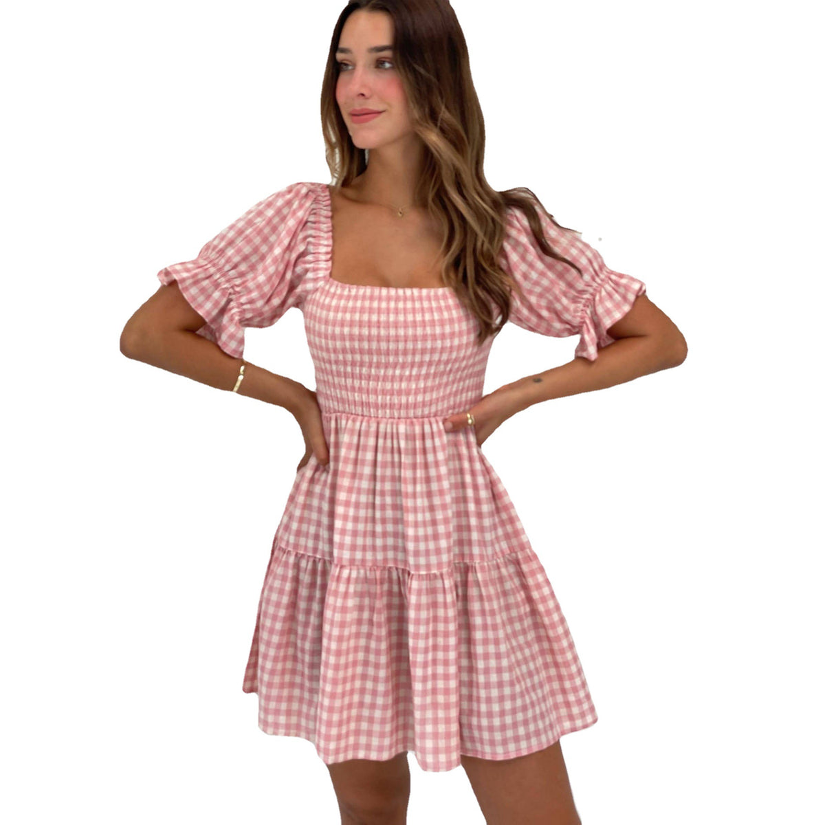 Gingham Square Neck Puff Sleeve Smocked Tiered Mini Dress 5