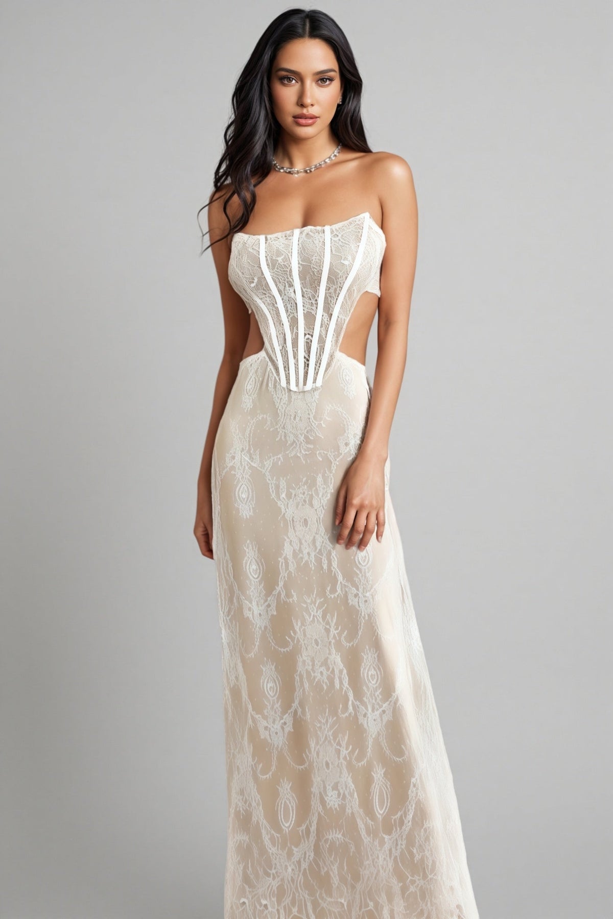 Strapless Lace Corset Bodice Side Cut Out Maxi Dress