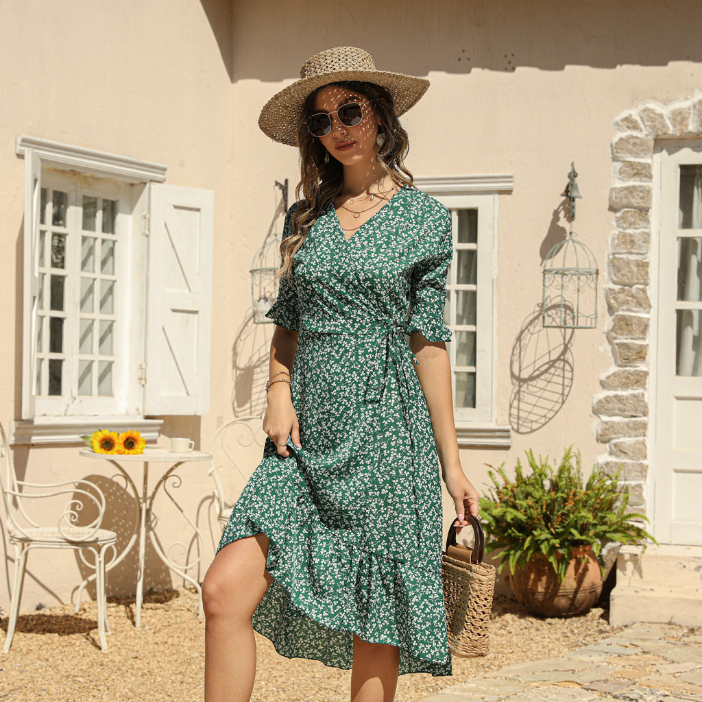 Ditsy Floral Wrap V-Neck Ruffle Sleeve Tie Waist Ruffle Hem Midi Dress
