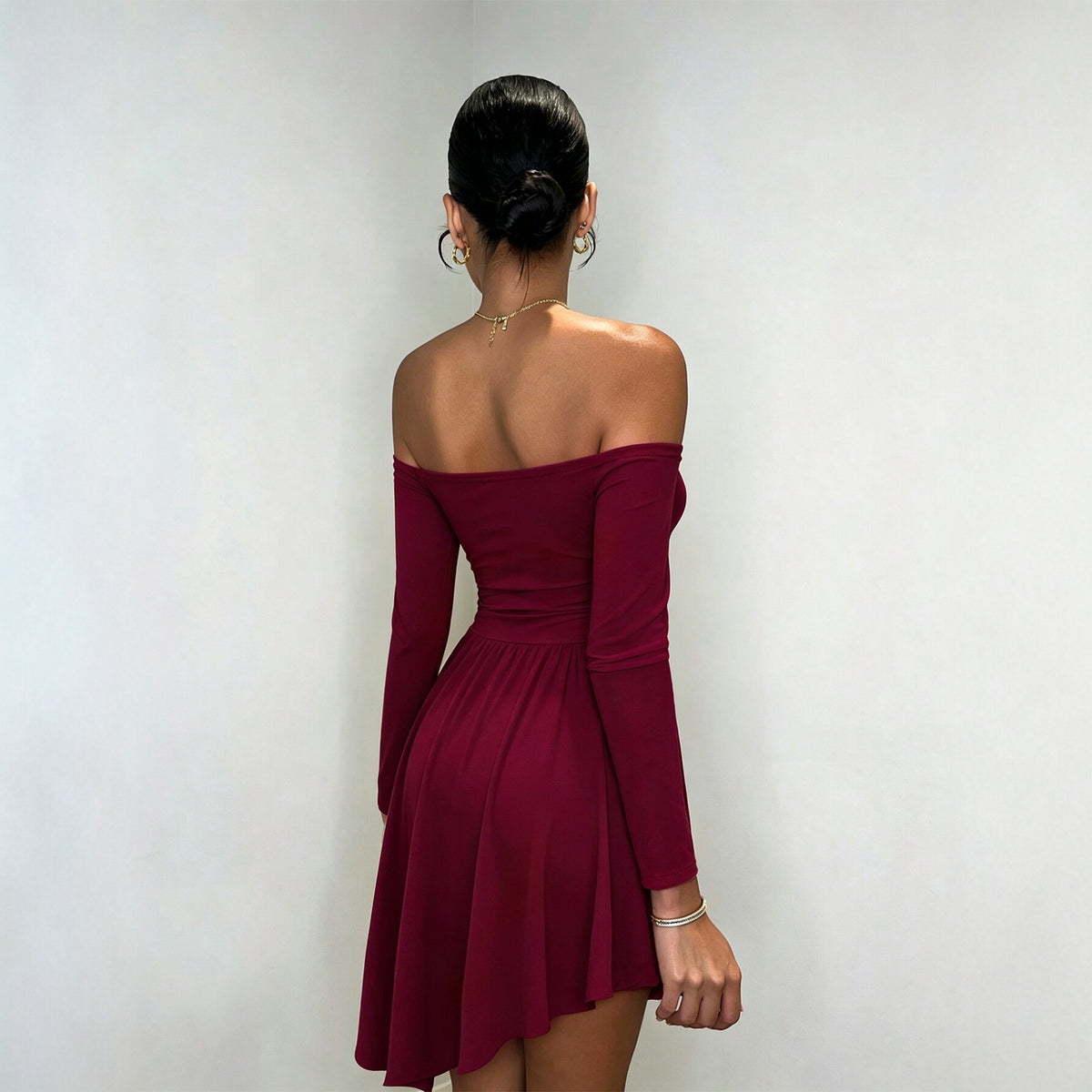 Off Shoulder Long Sleeve Fit and Flare Asymmetric Hem Mini Dress 2