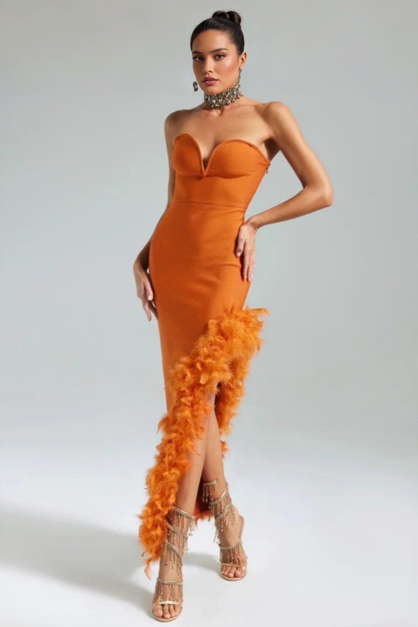 Yeli Feather Slant Hem Bandage Maxi Dress - View 3