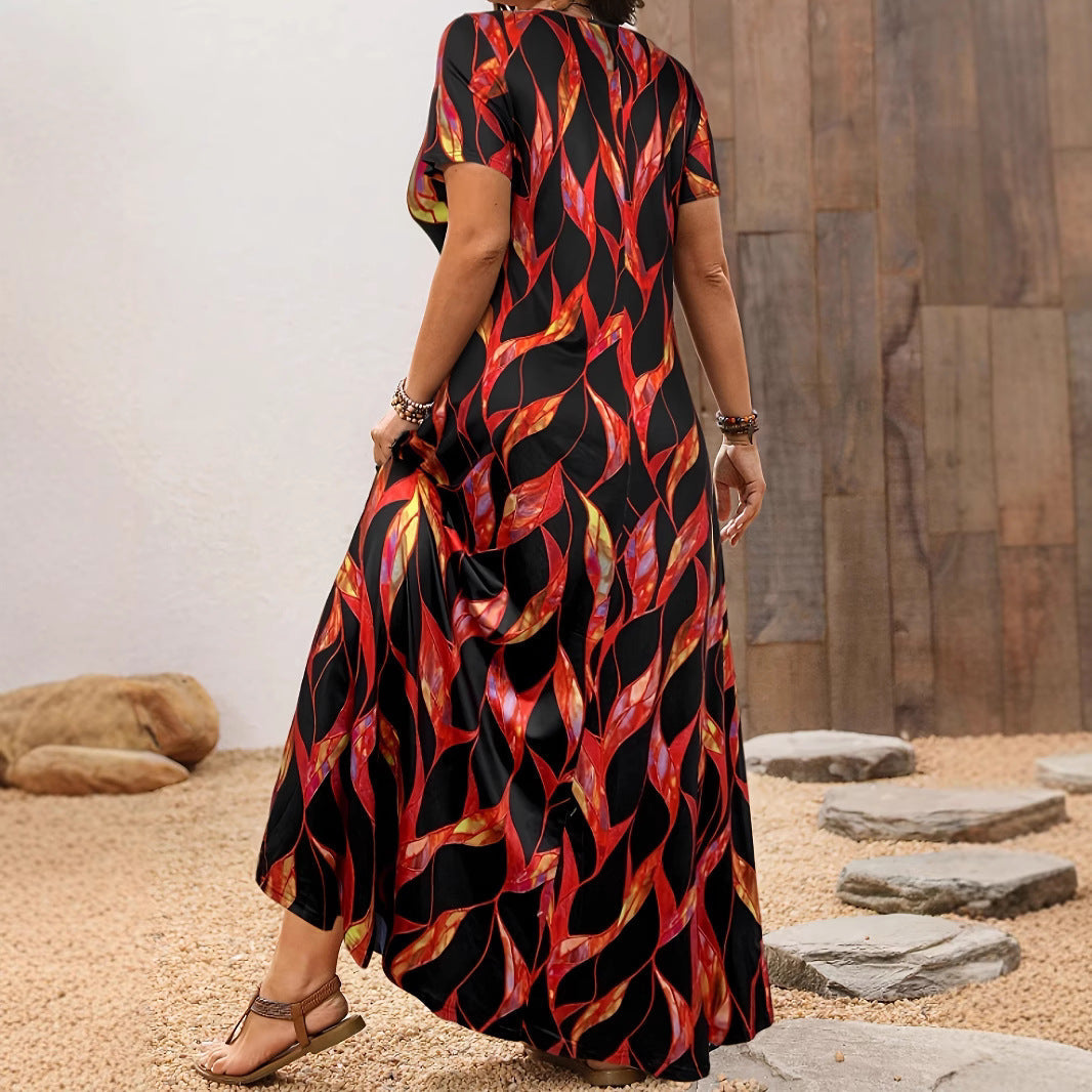 Leaf Print Scoop Neck Short Sleeve Maxi Dress 4