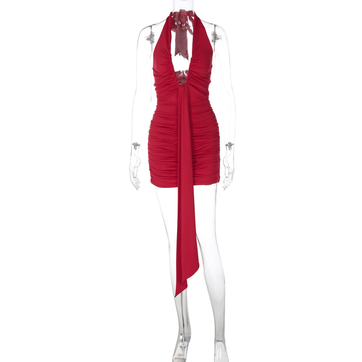 Plunging Halter Neck Ruched Draped Sash Bodycon Mini Dress 3