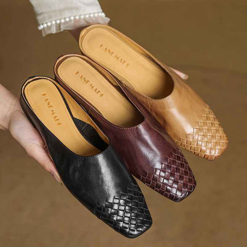 Square Toe Woven Detail Flat Leather Mules