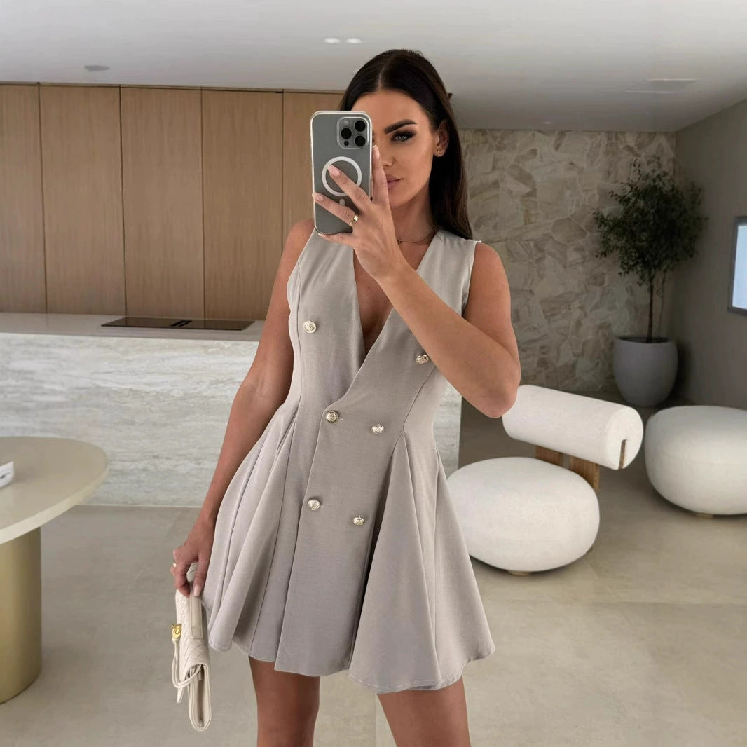 Deep V-Neck Sleeveless Double Breasted Pleated Skater Mini Blazer Dress 2