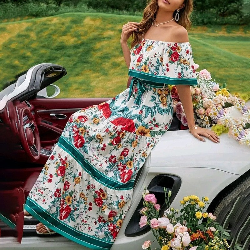 Off Shoulder Floral Ruffle Tiered Belted Maxi Dress 14