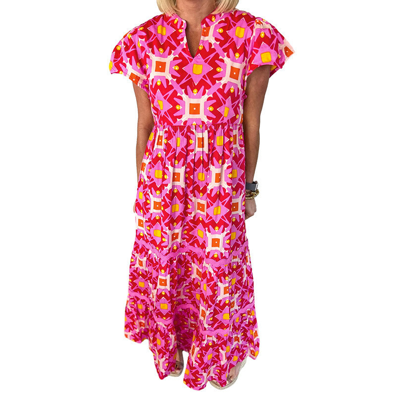 V-Neck Short Sleeve Geometric Print Tiered Maxi Dress 6
