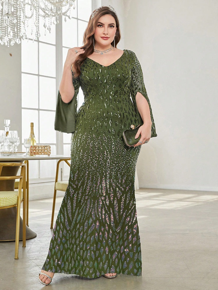 Plus Size Long Sleeve Deep V Plunge Slim Fishtail Evening Dress Cocktail Party Dress