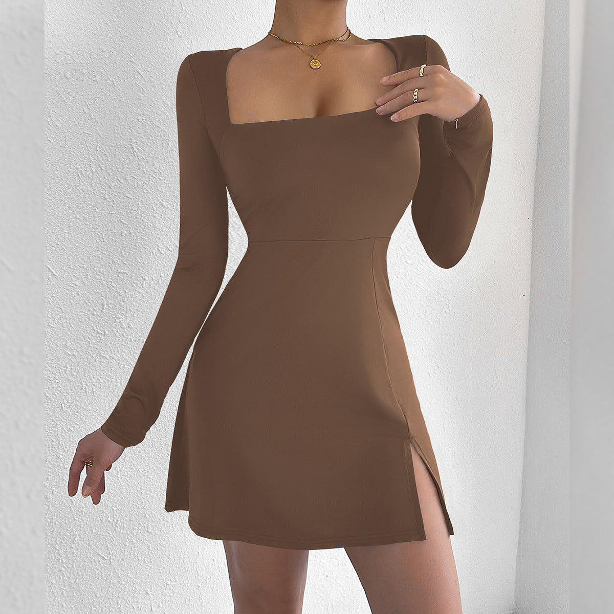Square Neck Long Sleeve Side Slit A-Line Mini Dress 3