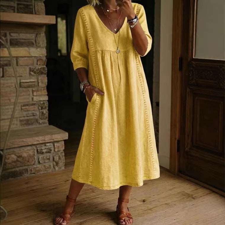 V-Neck Lace Trim Linen Pocket Midi Dress