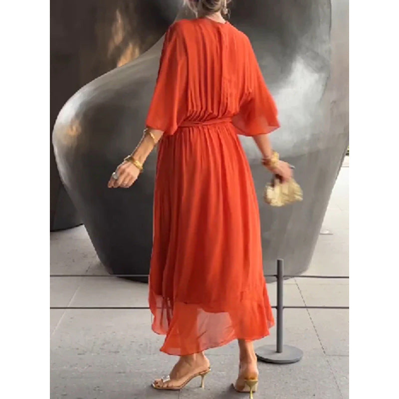 Minimalist Natasha Midi Dress with V Neckline and Loose Sleeves Chic Silhouette Collection
