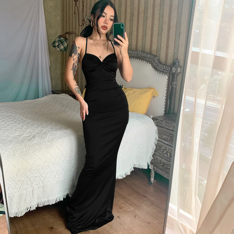 Satin Spaghetti Strap V-Neck Ruched Bodycon Mermaid Maxi Gown 5