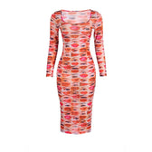 Long sleeve abstract u neck sheer mesh contrast midi dress 8