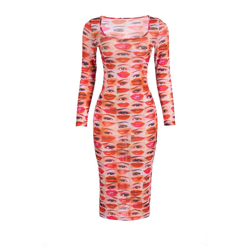 Long sleeve abstract u neck sheer mesh contrast midi dress 9