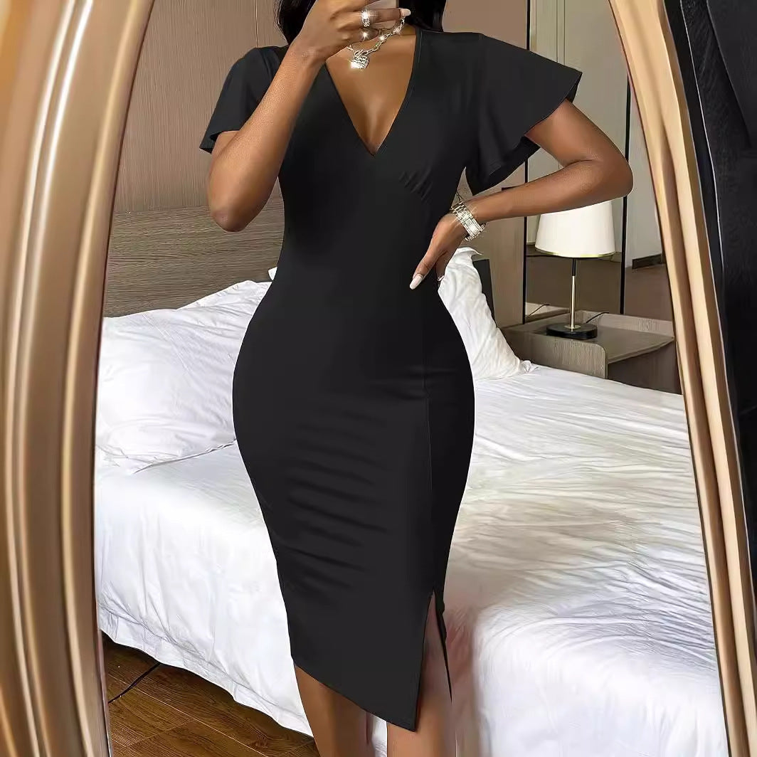 Deep V-Neck Flutter Sleeve Side Split Bodycon Midi Dress