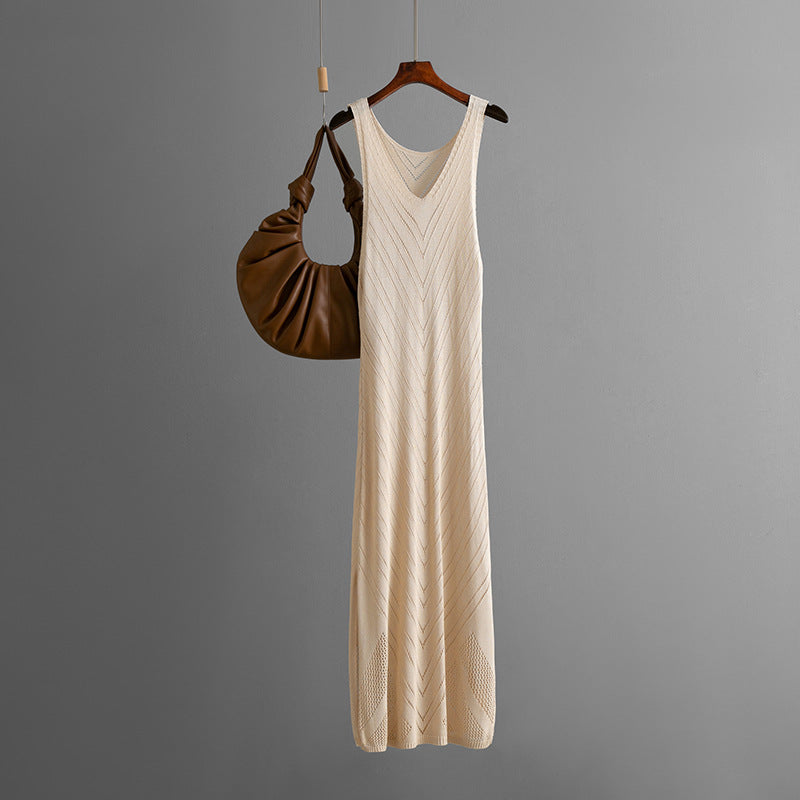 Pointelle Knit V-Neck Sleeveless Chevron Midi Tank Dress 3