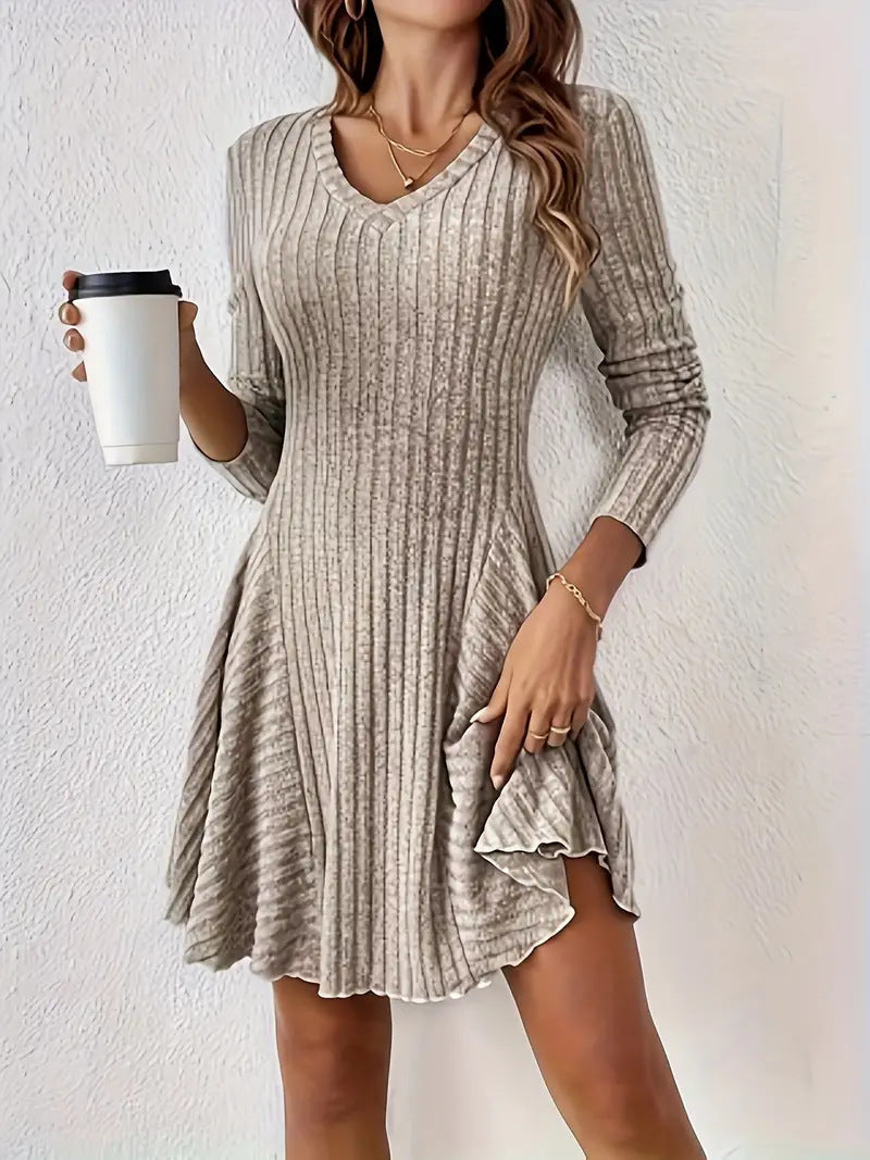 Ribbed Knit V-Neck Long Sleeve Fit and Flare Mini Dress 8