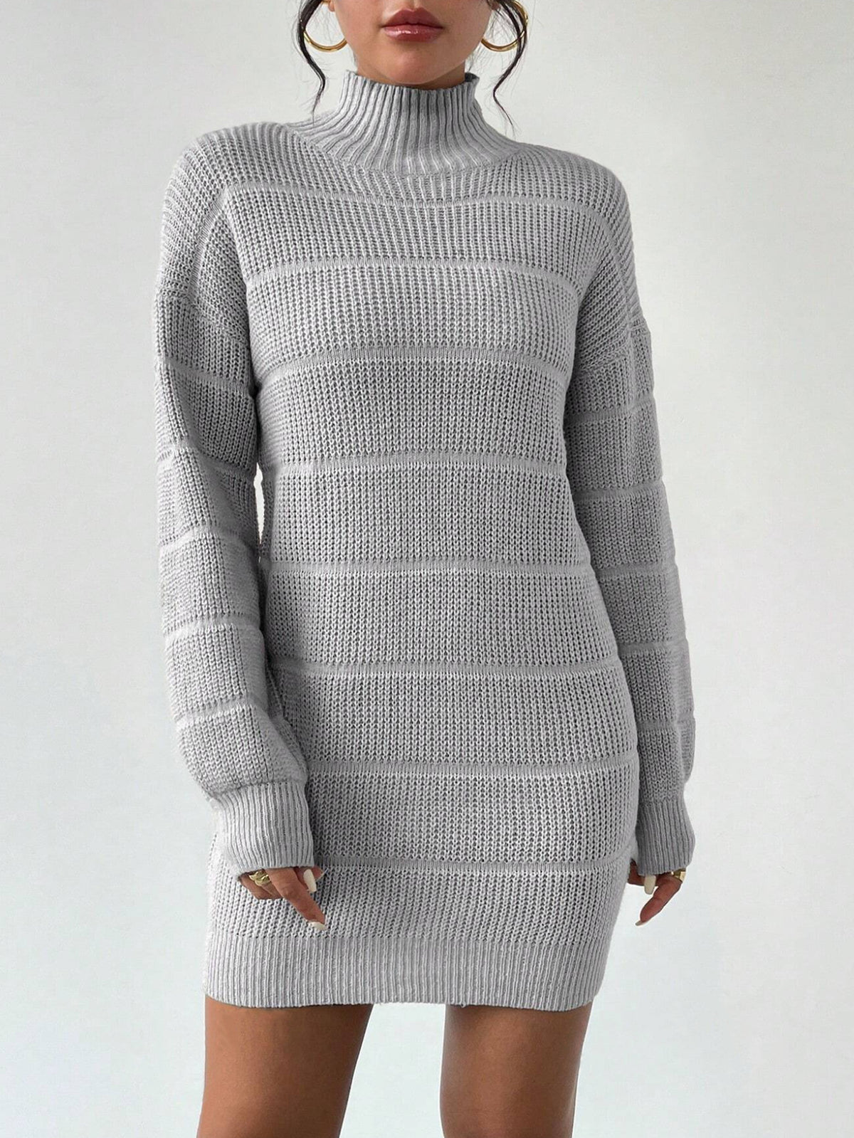 Mock Neck Long Sleeve Textured Knit Sweater Mini Dress 5