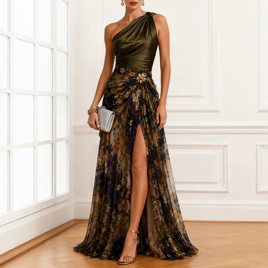 Autumn Party Printed Dress Casual Fashionable with Side Slit Sloping Shoulder Dress