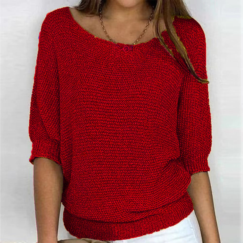 Boat Neck Short Sleeve Ribbed Hem Knit Sweater