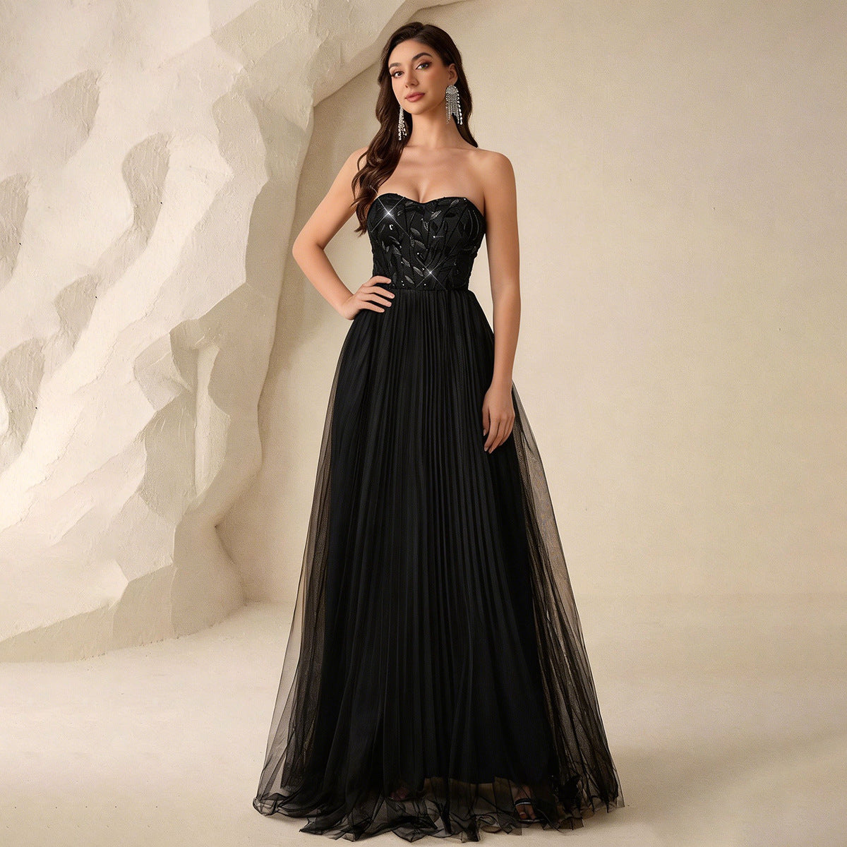 Evening Dress Tube Top Ball Elegant Mesh Sequ Back Strap Back Zipper Large A Swing Dress