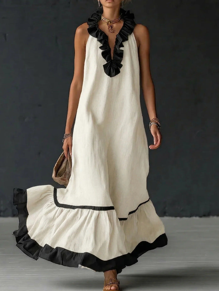 Sleeveless Ruffle Trim Tiered Linen Maxi Dress 11