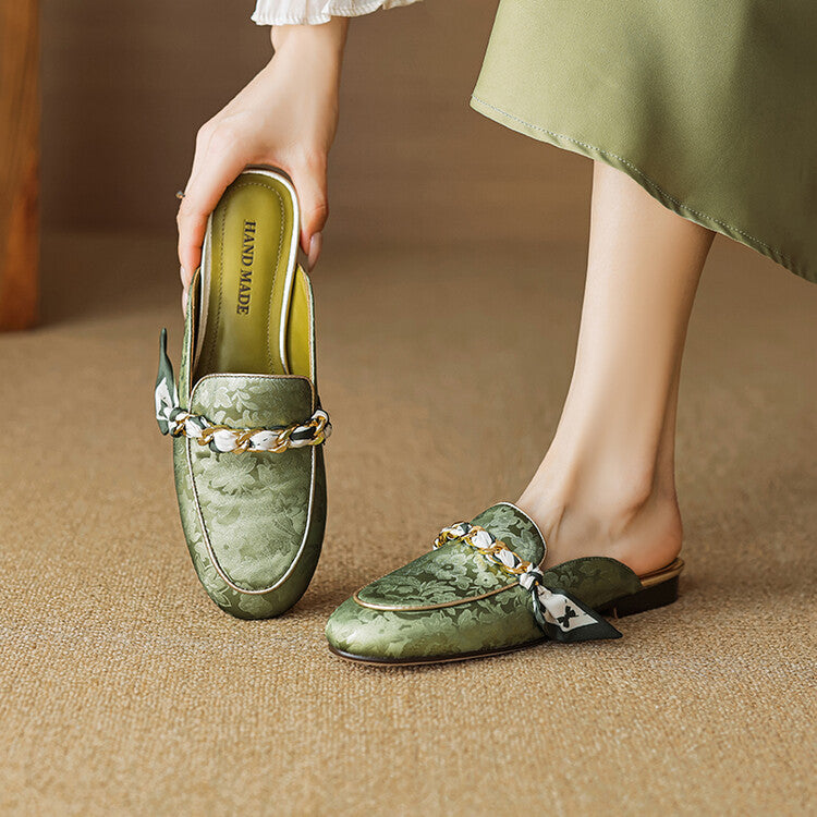 Floral Jacquard Chain Detail Pointed Toe Flat Mules