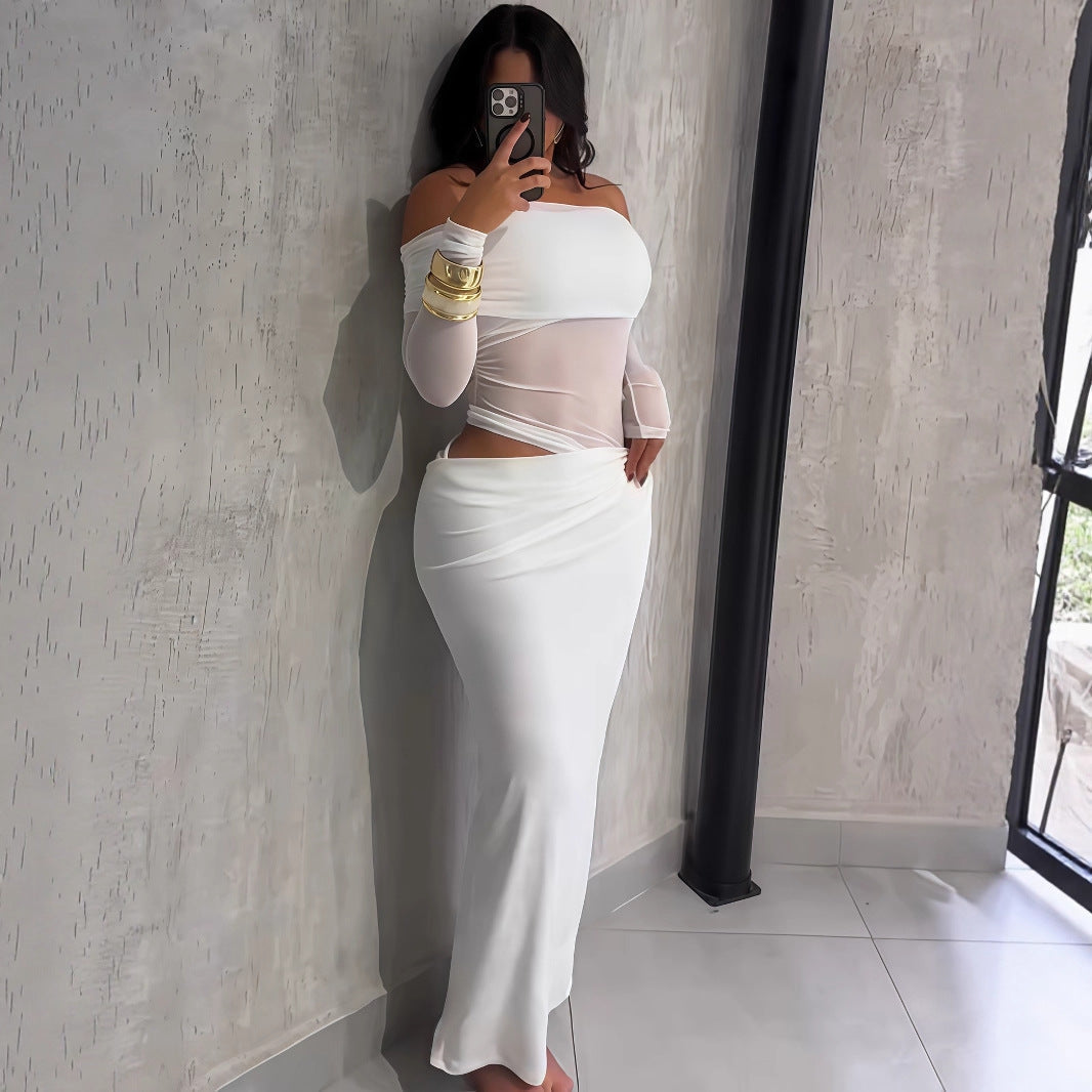 Summer Women Maxi Dress Attractive Mesh Stitching Slim Fit Tube Top Long Sleeve Dress