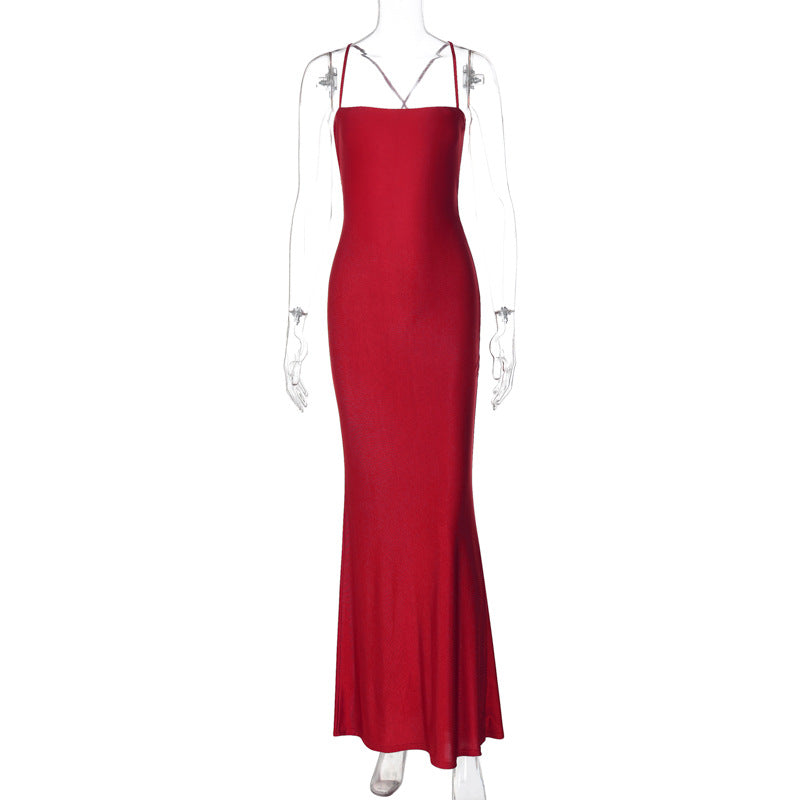 Satin Straight Neck Spaghetti Strap Tie Back Mermaid Maxi Dress 8