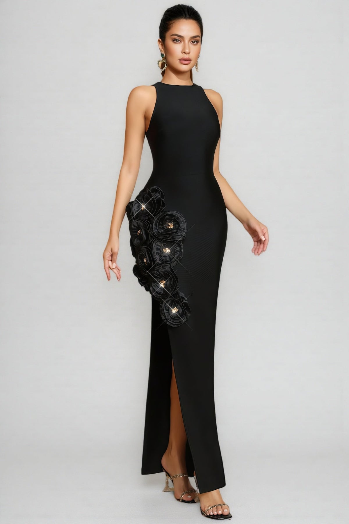 3D Rosette Applique Sleeveless Crew Neck High Split Bandage Maxi Dress 3