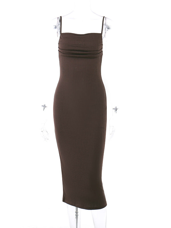 Ribbed Knit Draped Neck Spaghetti Strap Backless Bodycon Maxi Dress 3