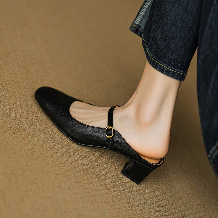 Square Toe Buckle Strap Block Heel Mules