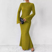 Rib Knit Flare Sleeve Bodycon Mermaid Maxi Dress