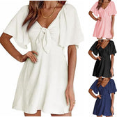 V-Neck Flutter Sleeve Tie Front A-Line Mini Dress