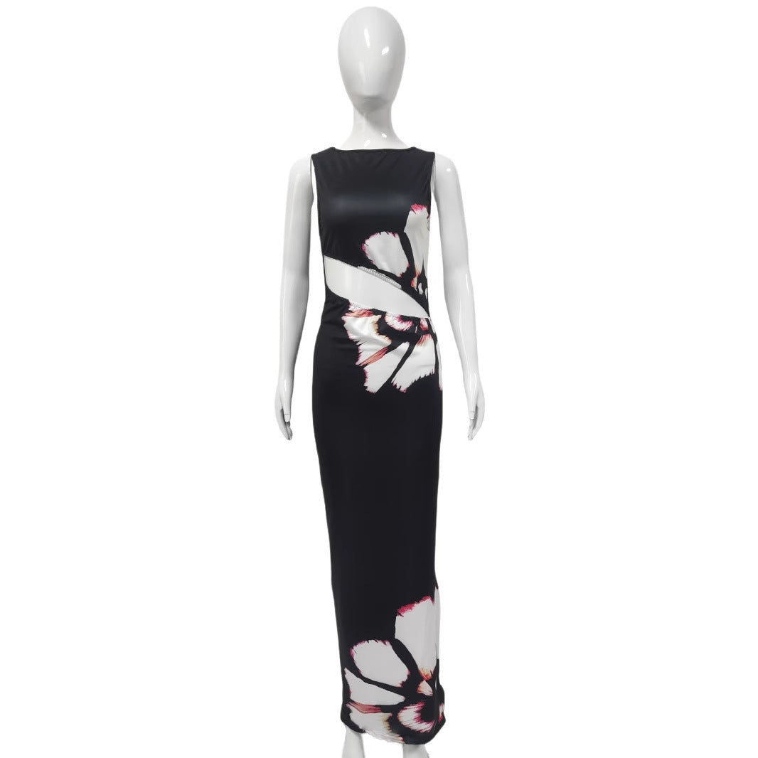 Abstract Floral Print Sleeveless Cut Out Waist Bodycon Maxi Dress 2