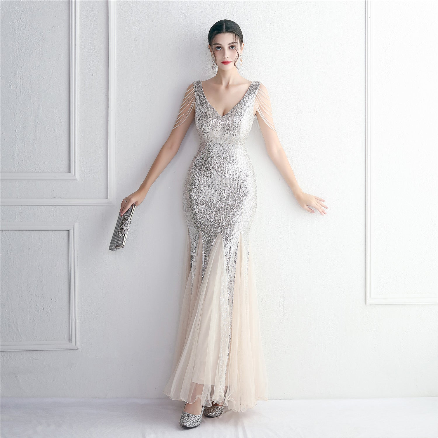 Sequin Mesh Craft Beaded Party Dress Long Cocktail Slim Fit Evening Dress Elegant Long