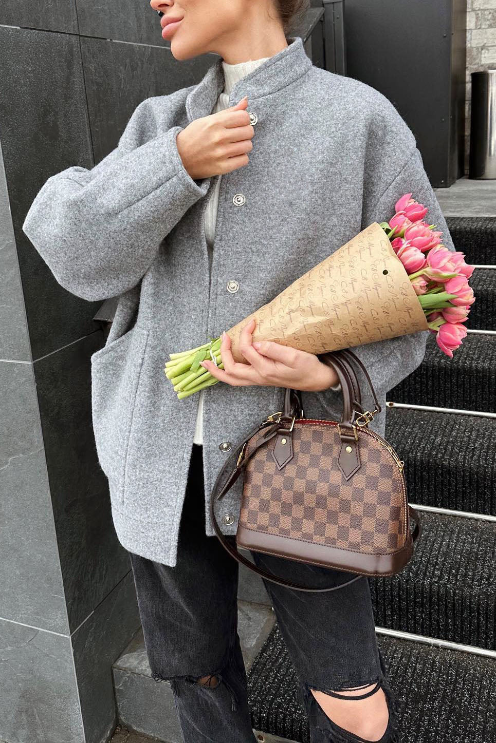 Gray Stand Collar Oversized Wool Coat