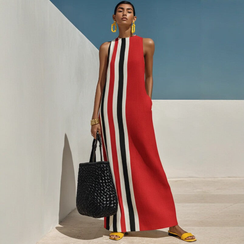 Sleeveless Vertical Striped Maxi Dress Women Autumn Linen Vest Seaside Vacation Dress