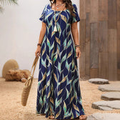 Leaf Print Scoop Neck Short Sleeve Maxi Dress 3