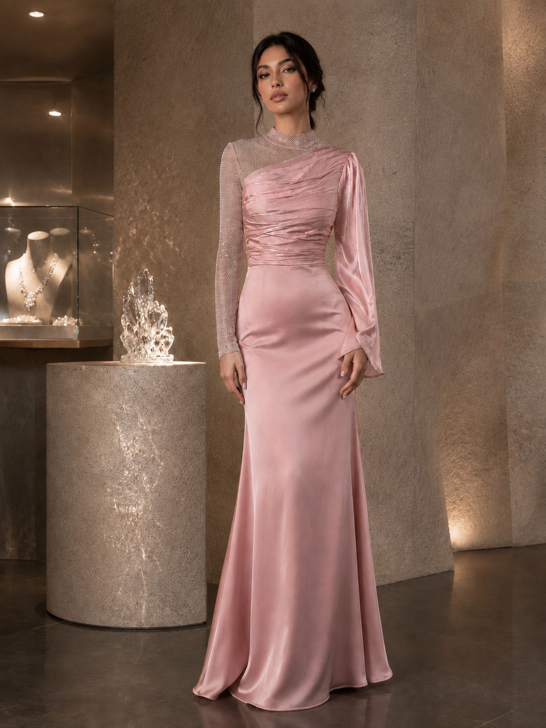 Pink Satin Long Sleeve Elegant Slim Fit Cocktail Turtleneck Design Evening Dress
