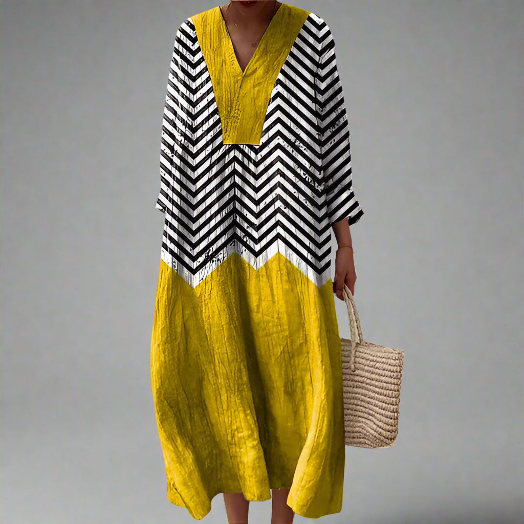 Chevron Print V-Neck Long Sleeve Kaftan Maxi Dress