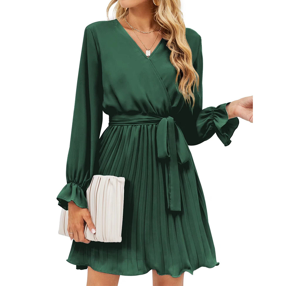 Pleated V-Neck Wrap Long Sleeve Ruffle Cuff Mini Dress 9