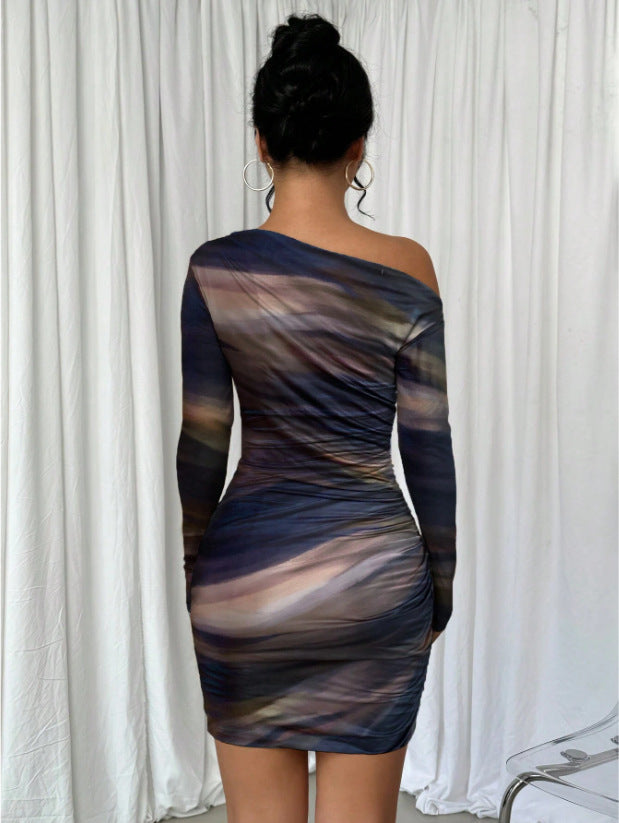Stitch sheer mesh see through abstract off shoulder mini dress 5
