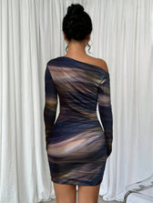 Stitch sheer mesh see through abstract off shoulder mini dress 5