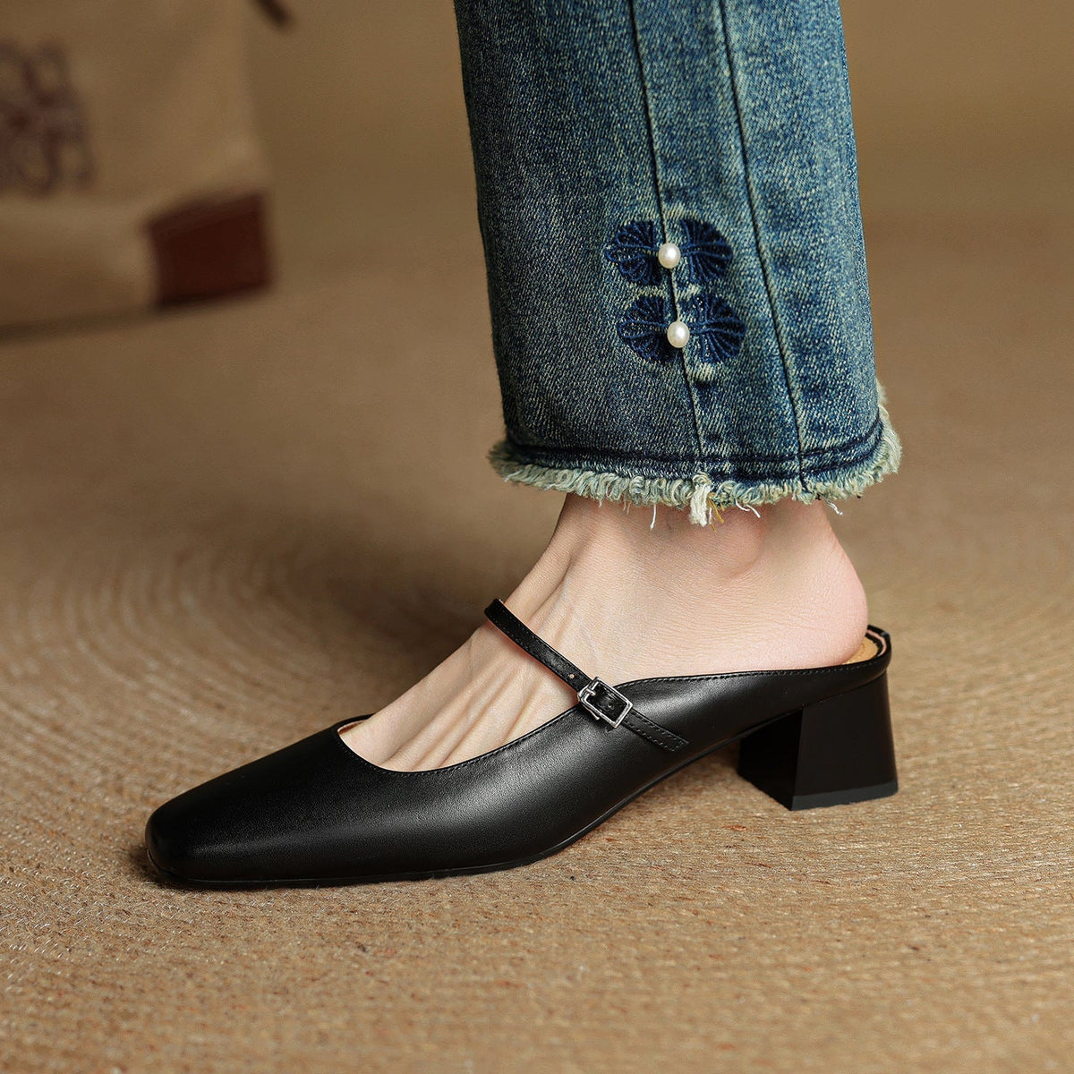 Square Toe Mary Jane Buckle Strap Block Heel Mules