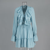 Deep V-Neck Long Sleeve Ruffle Tiered Mini Dress 9