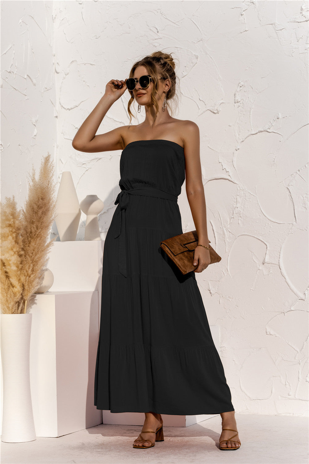 Free Falling Strapless Tiered Maxi Dress Olive