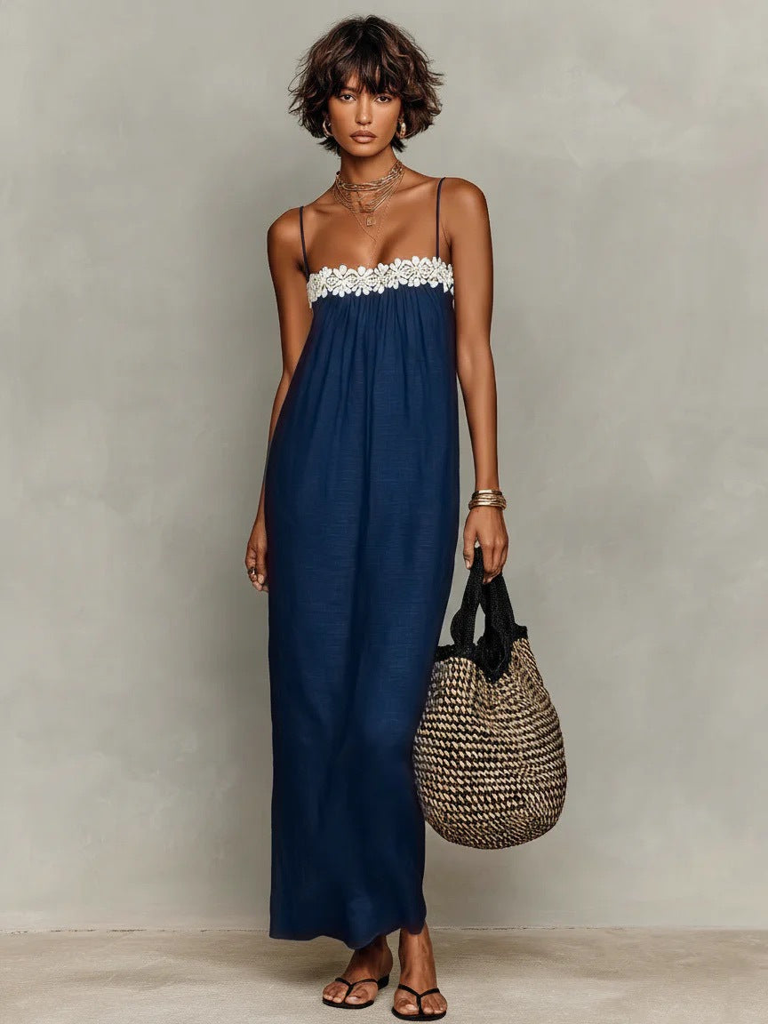 Lace Trim Spaghetti Strap Gathered Bust Straight Maxi Dress 6